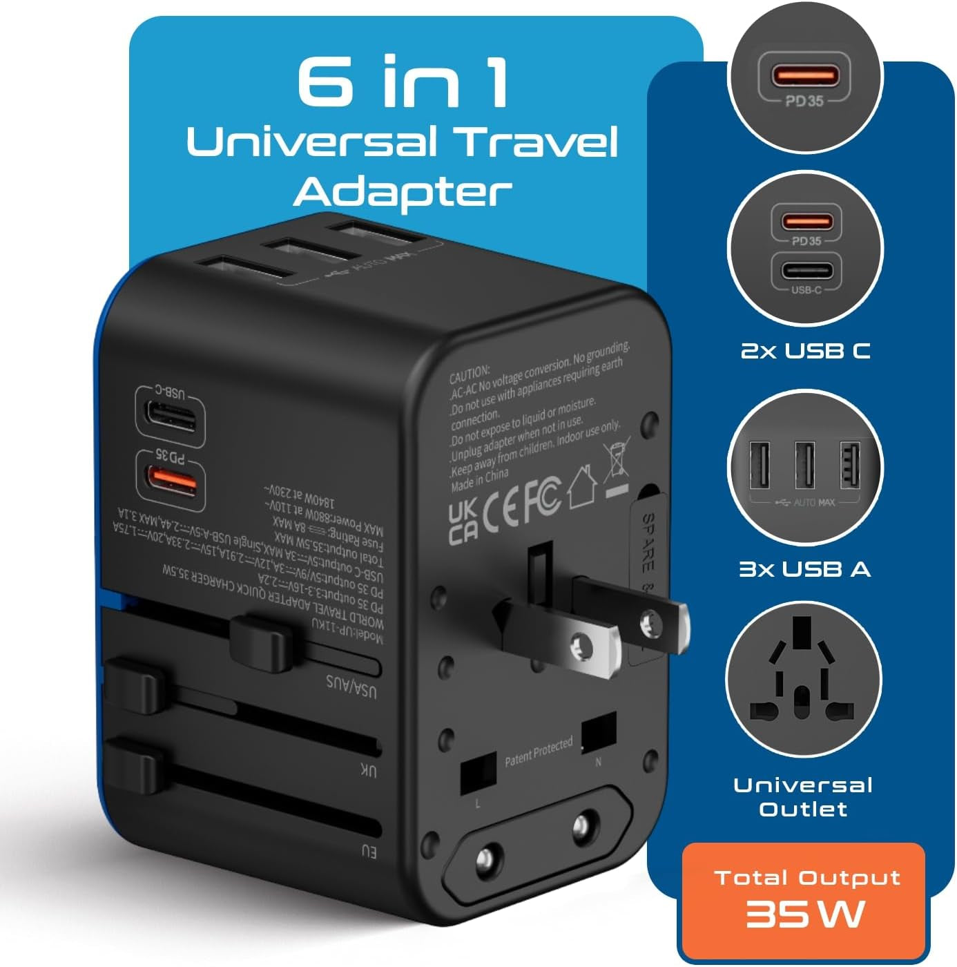 Universal Travel Adapter, 35W International Power Adapter with PD & QC 3.0 Dual USB-C, 3 USB Travel Adapter Worldwide, Type I C G a Outlets 110V 220V A/C - EU Euro US UK (11-KU)