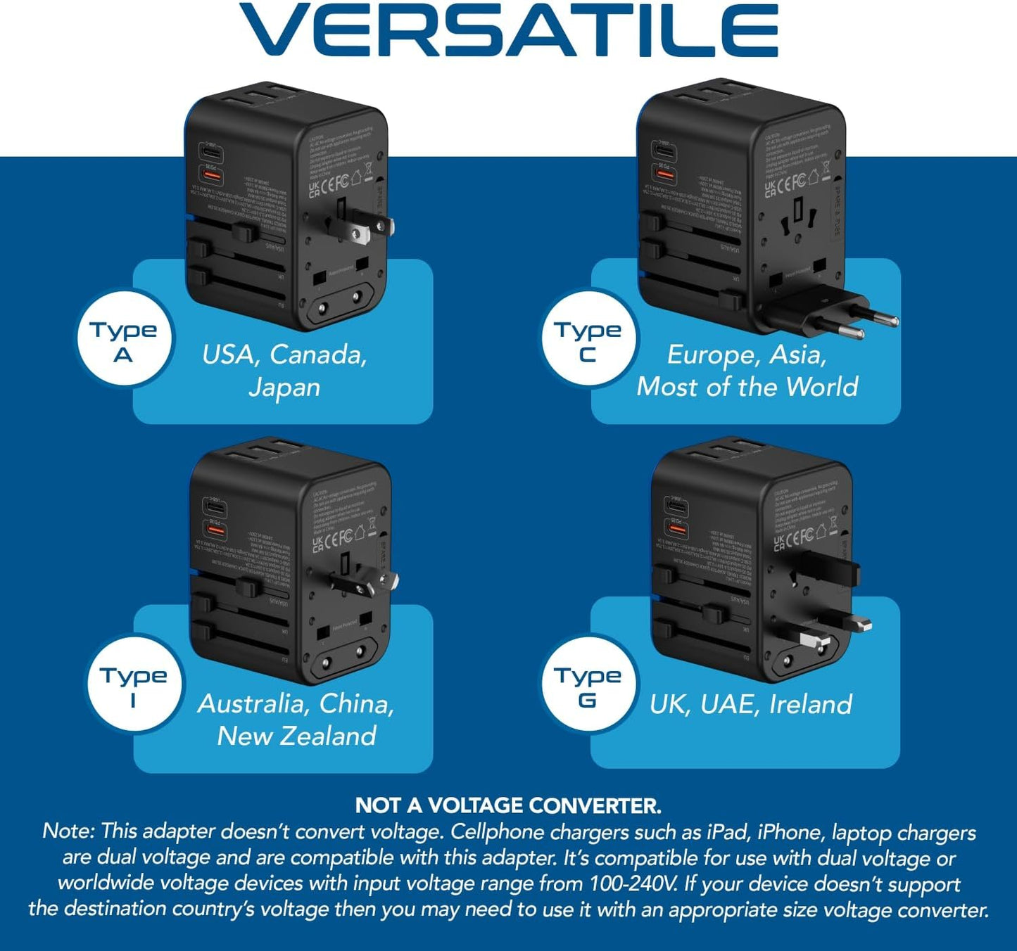 Universal Travel Adapter, 35W International Power Adapter with PD & QC 3.0 Dual USB-C, 3 USB Travel Adapter Worldwide, Type I C G a Outlets 110V 220V A/C - EU Euro US UK (11-KU)