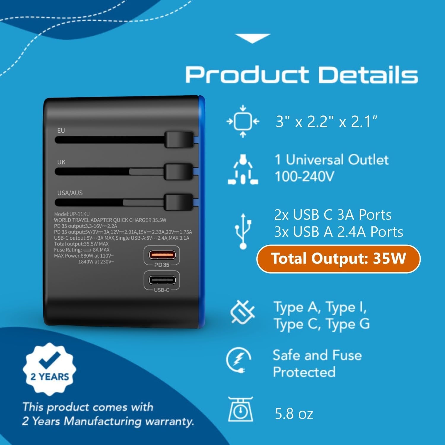 Universal Travel Adapter, 35W International Power Adapter with PD & QC 3.0 Dual USB-C, 3 USB Travel Adapter Worldwide, Type I C G a Outlets 110V 220V A/C - EU Euro US UK (11-KU)