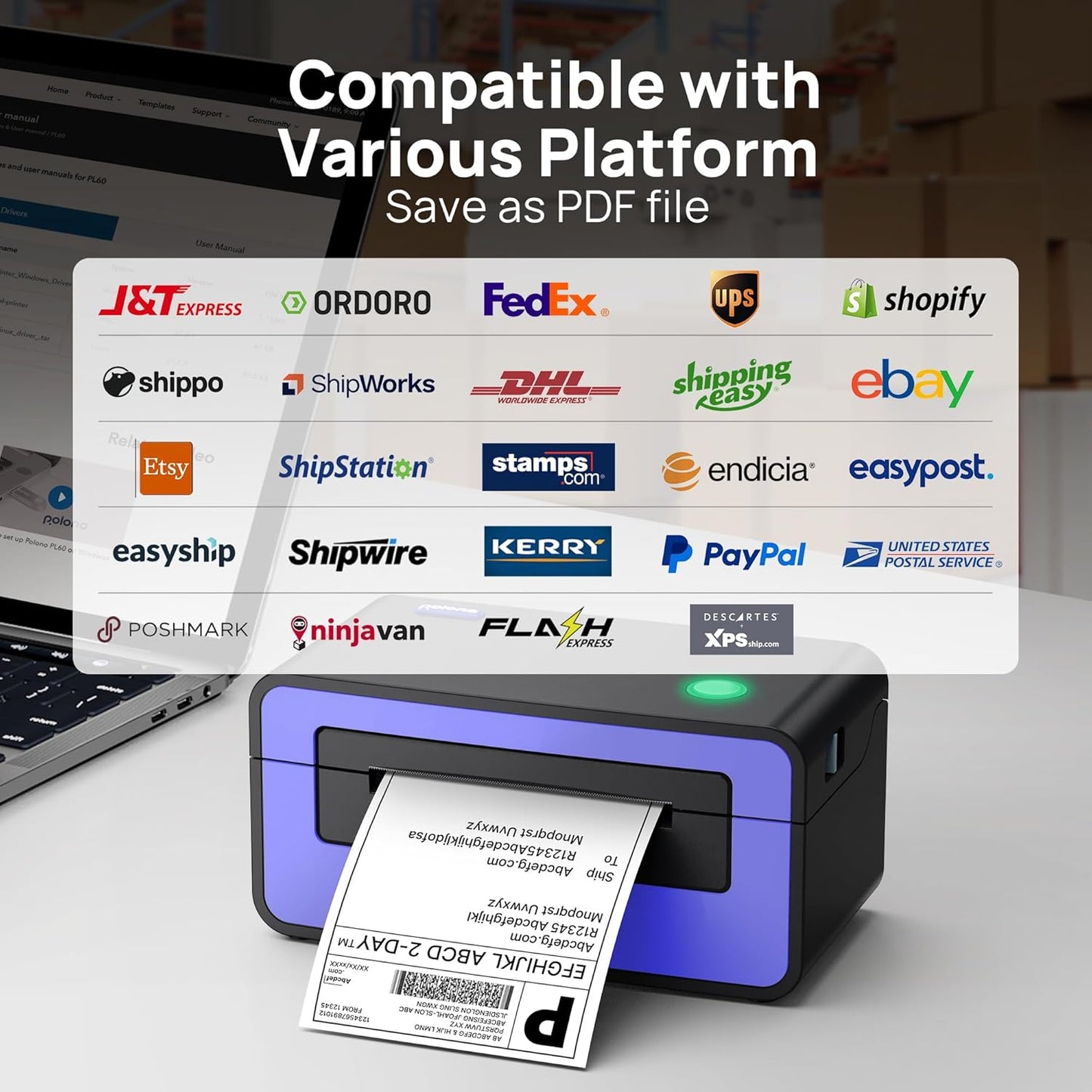 Shipping Label Printer, PL60 4X6 Label Printer for Shipping Packages, Direct Thermal Printer, Compatible with Windows, Mac, Linux, Widely Use for Shopify, Ebay, Amazon, UPS, Fedex, Etsy, Purple