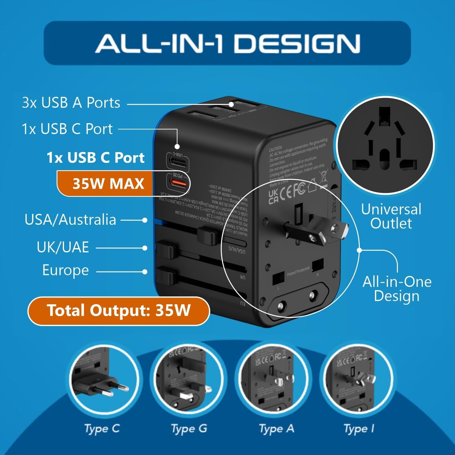 Universal Travel Adapter, 35W International Power Adapter with PD & QC 3.0 Dual USB-C, 3 USB Travel Adapter Worldwide, Type I C G a Outlets 110V 220V A/C - EU Euro US UK (11-KU)